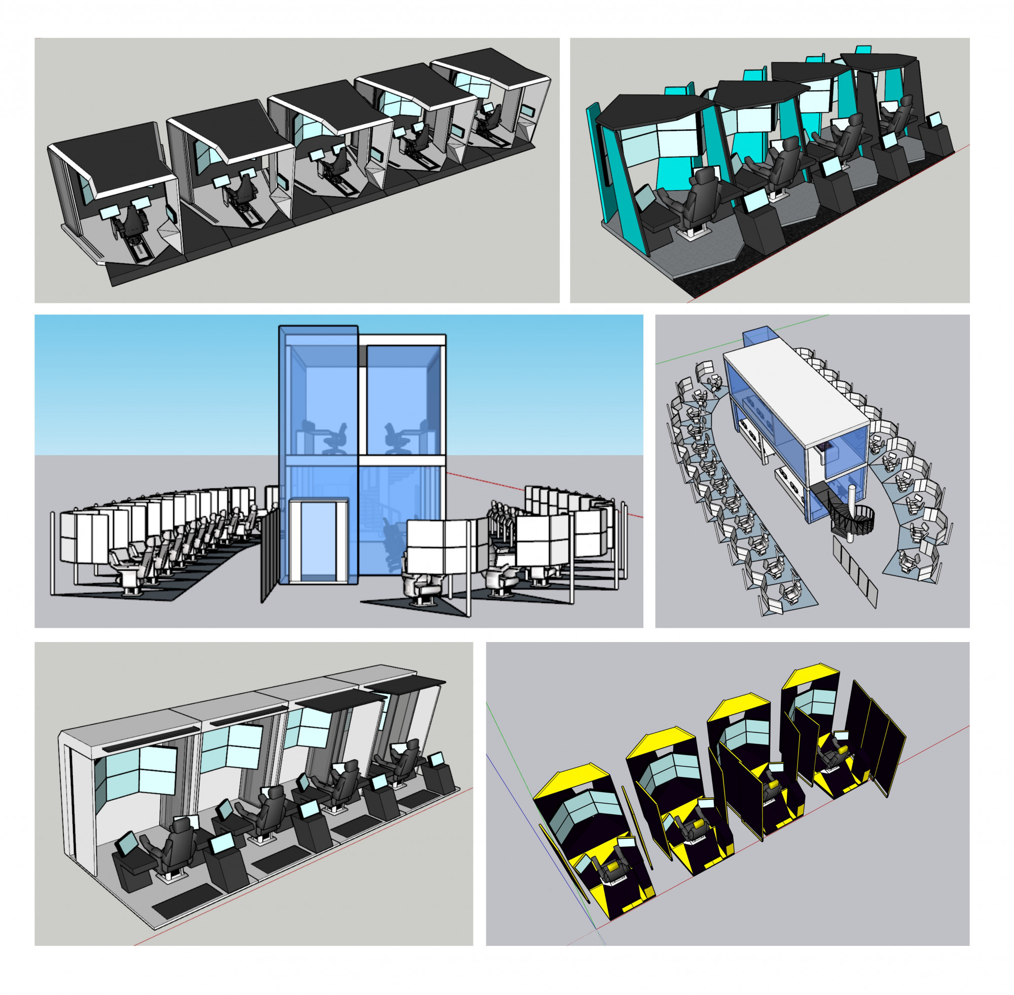 Visually-rendered designs and iterations of the control centre pods and shown in isolation and in context of the entire control room