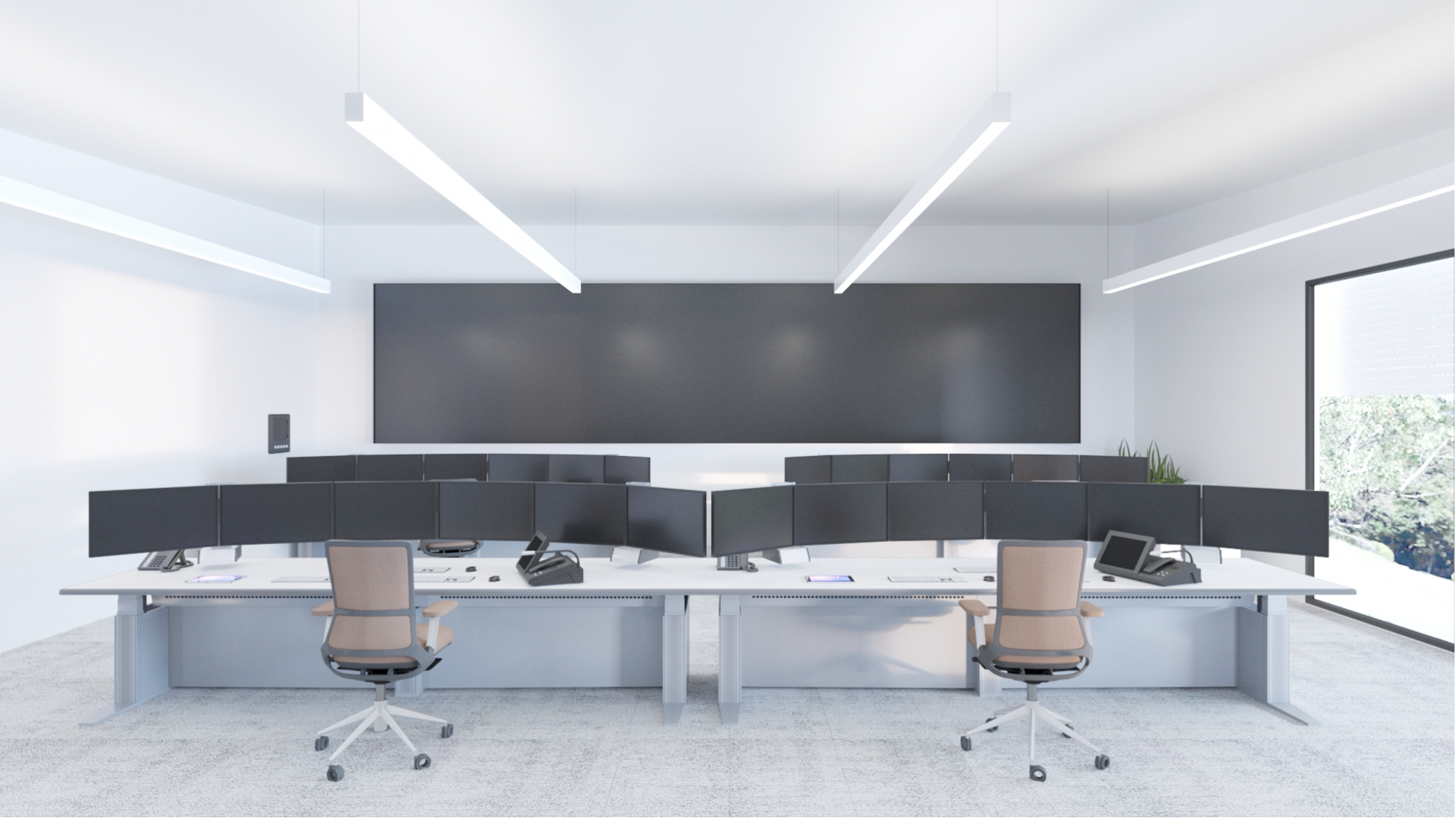 A generated image of a control room. Two grey desks with brown desk chairs face an incredibly large flat screen on the wall. Windows to the right of the room show greenery and suggest the control room is on a high floor within the building.